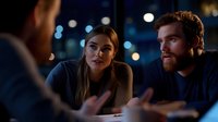 Young woman and bearded man engaged in nighttime conversation with cityscape bokeh background, suitable for business, lifestyle, and communication concepts.