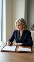 Mature blonde businesswoman in navy suit signing documents at wooden desk in modern office with natural light for corporate and professional use.