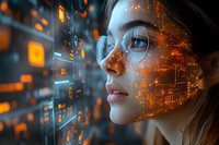 Young Asian woman in glasses with digital technology interface overlay and glowing orange data visualization elements in dark futuristic environment.