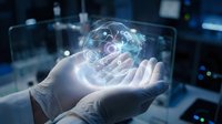 Businessman hands holding glowing digital brain with neural network connections in modern office environment for artificial intelligence concepts.