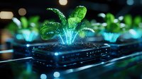 Glowing green plant growing from computer keyboard with magical blue light effect and bokeh background, futuristic technology concept in dark setting.