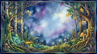 Enchanted forest clearing with ancient trees framing a magical starry night sky, glowing lanterns, and mystical atmosphere. Perfect for fantasy, children's books, and whimsical design projects.