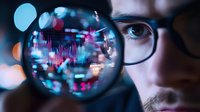 Close-up view through magnifying glass showing financial market data charts and graphs with blurred bokeh lights, reflected against eyeglasses of male analyst.