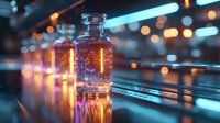 Glass bottle with glowing liquid against blurred neon lights and reflective surface creates magical atmosphere with orange and blue color palette.
