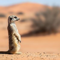 Meerkat standing upright in alert pose on sandy desert ground with blurred rocky landscape background showcasing natural wildlife behavior and habitat.