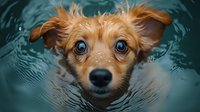 Close up portrait of wet ginger mixed breed puppy with big blue eyes swimming in turquoise water, looking directly at camera with innocent expression.