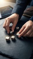 Businessman hands rolling wooden dice with financial charts on tablet in background representing investment risk and market strategy decisions.