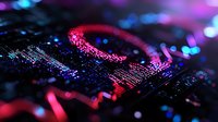 Glowing red and blue circuit board with electronic components in macro photography, creating futuristic technology background with bokeh light effects.