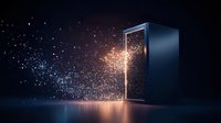 Magical glowing particles streaming through open doorway in dark space, creating ethereal light effect and mystical atmosphere. Concept of opportunity and mystery.