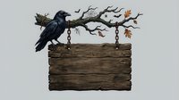 Dark crow perched on gnarled branch above rustic wooden sign with hanging chains, isolated on neutral background for design projects.
