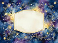 Watercolor galaxy frame with golden stars and celestial elements surrounding blank space for text or design on cosmic purple blue background.