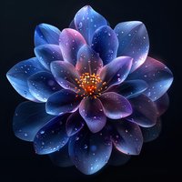 Glowing cosmic flower with translucent blue and purple petals covered in water droplets against black background, creating ethereal botanical art.