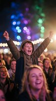 Excited young boy celebrating with raised arms at outdoor evening event with colorful bokeh lights and cheering crowd in background.