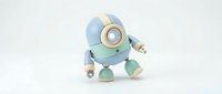 Cute robot character with round blue head, cream-colored headphones, and pastel green body parts standing against white background for children's content and gaming projects.