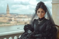 Young woman in elegant black Victorian gothic dress with veil sitting by window overlooking historic waterfront city architecture for fashion portrait.