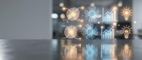 Business innovation concept with glowing icons of lightbulbs, gears, charts and clocks floating above reflective surface in modern office environment.