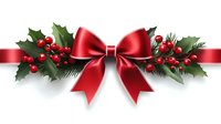 Festive Christmas decoration with red satin bow, holly leaves, and berries on white background. Holiday design element for greeting cards and seasonal projects.