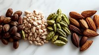 Assorted raw nuts and seeds arranged in neat rows on white background, including pecans, blanched almonds, cardamom pods and natural almonds, shot from above.