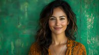 Young Hispanic woman with wavy brown hair and natural makeup smiling warmly against textured green wall background, wearing orange boho style top and delicate necklace.