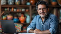 Mature Hispanic businessman with glasses working on laptop in artisan pottery workshop. Confident entrepreneur in casual denim shirt against blurred ceramic background.
