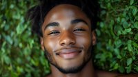 Young African American man with gentle smile and natural facial expression against green foliage background, showing confidence and authenticity in casual portrait.