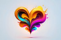 Vibrant heart shape formed by flowing multicolored liquid layers with orange, pink, purple and turquoise swirls creating dynamic movement and artistic expression.