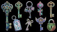 Ornate vintage keys and lock with decorative metal designs, isolated on transparent background. Ready for t-shirt designs, clipart, stickers, print-on-demand products, and sublimation projects. Features antique-style ornamental keys in various colors and finishes.