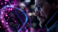 Bearded scientist observing glowing DNA helix structure with pink and blue illumination against dark background, representing genetic research and biotechnology.