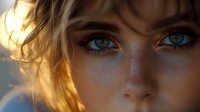 Close-up portrait of a young Caucasian woman with striking green eyes, freckles, and golden blonde hair lit by warm sunlight, conveying natural beauty.