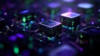 Futuristic microprocessor chip on circuit board with glowing purple and green lights, representing advanced computing technology and artificial intelligence.