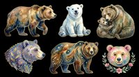 Watercolor bears collection featuring brown bear, polar bear, and cute bear faces with floral accents, isolated on transparent background. Ready for t-shirt design, clipart, stickers, sublimation, and print-on-demand products.