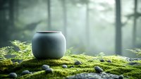 Minimalist ceramic pot on green moss with scattered pebbles in misty forest setting. Ethereal sunbeams create atmospheric morning scene. Zen garden concept.