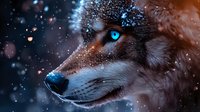 Majestic wolf with glowing blue eyes in winter snowfall, close-up profile view showing detailed fur texture against dark background, mystical wildlife portrait.