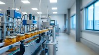 Automated production line with robotic arms packaging orange juice bottles in modern industrial facility with quality control systems and conveyor belt.