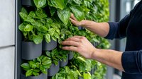 Hands tending to fresh herbs and leafy greens growing in modern vertical garden system mounted on gray wall, showcasing sustainable urban agriculture and indoor gardening.