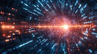 Digital tunnel with glowing blue particles and orange light burst in center, abstract technology background representing data flow and cyber space.