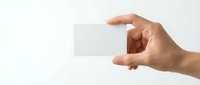 Hand holding transparent glass business card mockup on white background for corporate branding and professional presentation design.