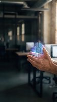 Hand holding glowing holographic cube with shield icon in modern office environment representing cybersecurity and data protection technology concepts.
