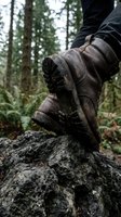 Muddy hiking boots resting on moss-covered rock in dense forest. Outdoor adventure footwear after wilderness trek through natural woodland terrain.