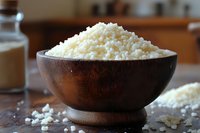 Fresh cooked white rice served in rustic wooden bowl on dark table, close up view with soft natural lighting and selective focus on rice grains.