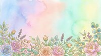 Soft pastel watercolor background with hand-drawn floral border featuring roses, lavender, and eucalyptus for cards, invitations, and banners.