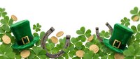Leprechaun hats with horseshoes, gold coins and shamrock clovers on white background for St. Patrick's Day celebrations and festive holiday designs.