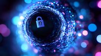 Digital security lock icon in glowing cyber tunnel with blue and pink bokeh lights, representing data protection and network safety in modern technology.