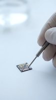 Gloved hand using precision tweezers to handle a tiny microchip on white surface, showcasing electronics manufacturing and semiconductor technology.