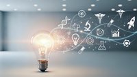 Glowing light bulb with floating science and innovation icons in modern office space representing creative business solutions and technological advancement.