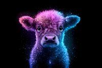 Mystical glowing calf portrait with pink and blue neon particles on black background, cosmic animal art featuring luminous effects and sparkling details.