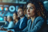 Professional businesswoman with curly hair listening attentively during corporate meeting or conference presentation in modern office environment.
