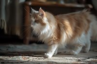 Majestic long-haired ginger and white cat walking gracefully on carpet in soft natural lighting, side view showing luxurious fur coat and alert expression.