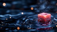 Glowing pink cube floating on dark rippling water surface with magical sparkles and bokeh lights creating mystical atmosphere. Suitable for fantasy designs.