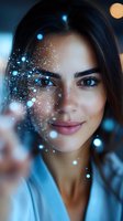 Young woman with glowing magical sparkles and bokeh lights around her face, gentle smile and dark hair against blue background. Artistic fantasy portrait.